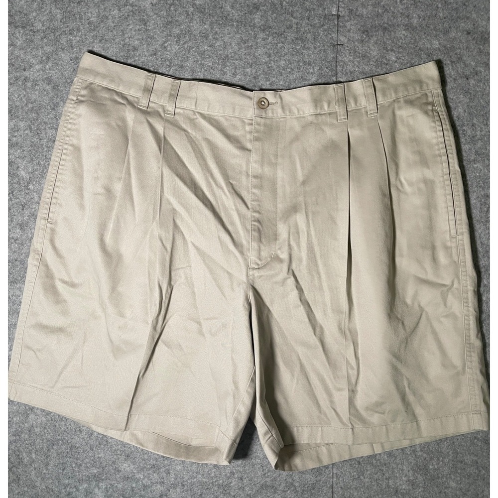 Greg Norman Mens 40 Khaki Tan Pleated Cotton Golf Shorts Shark Logo Embroidered